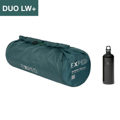 EXPED MEGAMAT DUO SLEEPING PAD - LW+  CYPRESS rolled up with a 1 L water bottle for reference.