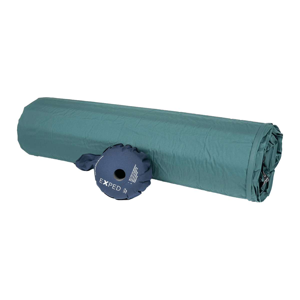 EXPED MEGAMAT SLEEPING PAD - LONG EXTRA WIDE - CYPRESS - ROLLED WITH PUMP VIEW