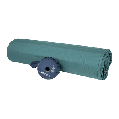 EXPED MEGAMAT SLEEPING PAD - LONG EXTRA WIDE - CYPRESS - ROLLED WITH PUMP VIEW