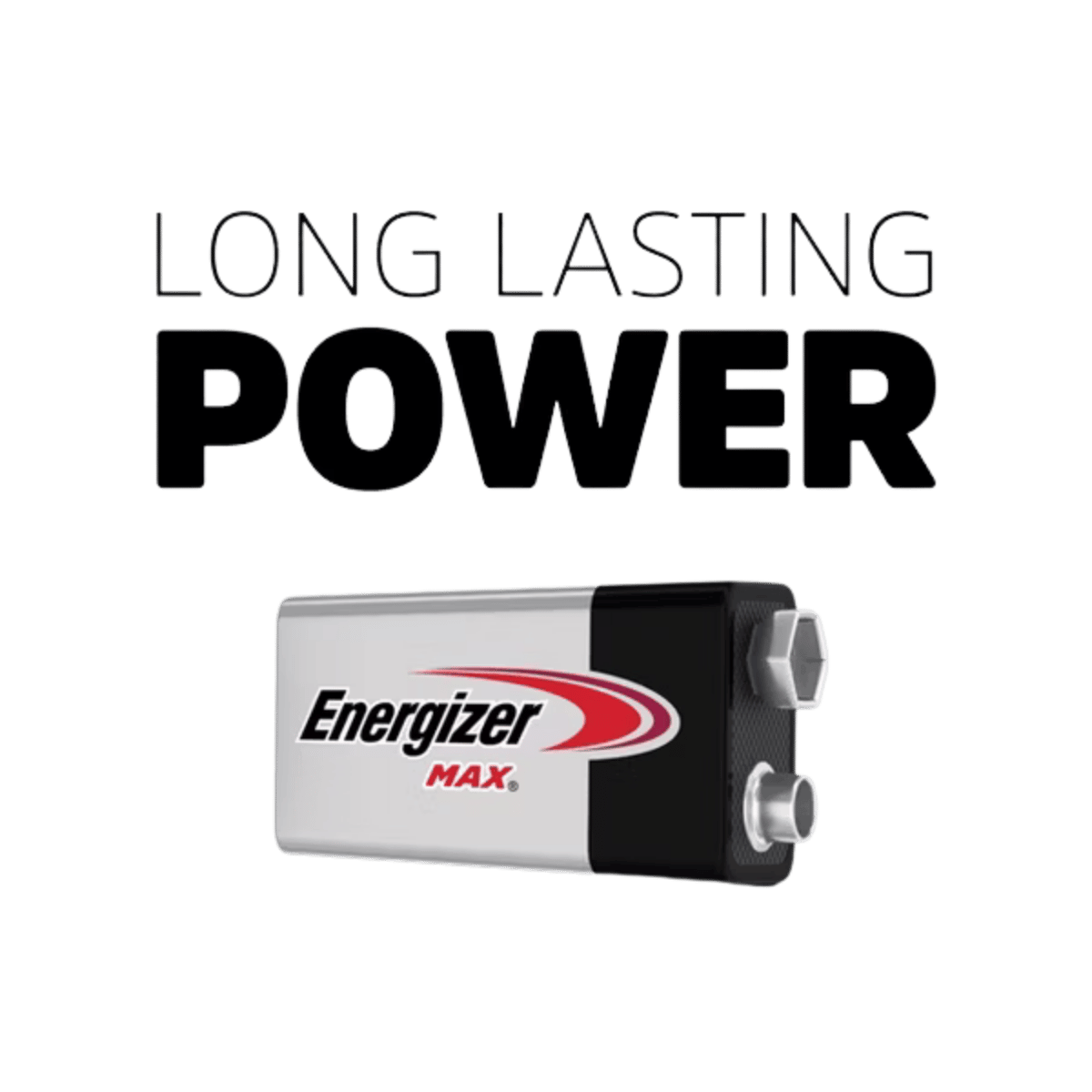 ENERGIZER BATTERY MAX 9V LONG-LASTING ALKALINE POWER WITH TEXT