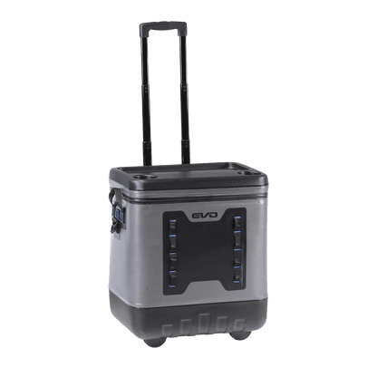 EVO rolling cooler with a gray body, black lid, built-in cup holders, side handles, and telescopic handle for easy transport.