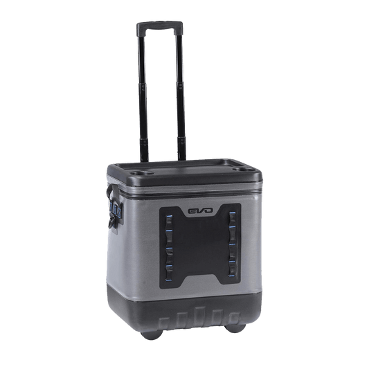 EVO rolling cooler with a gray body, black lid, built-in cup holders, side handles, and telescopic handle for easy transport.
