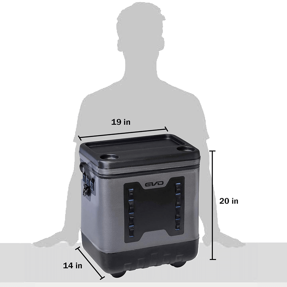 Black Evo cooler box with dimensions indicated by a silhouette of a person