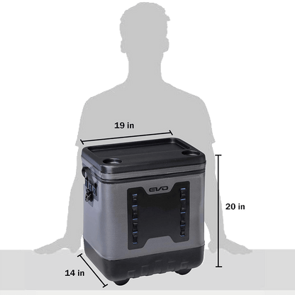 Black Evo cooler box with dimensions indicated by a silhouette of a person