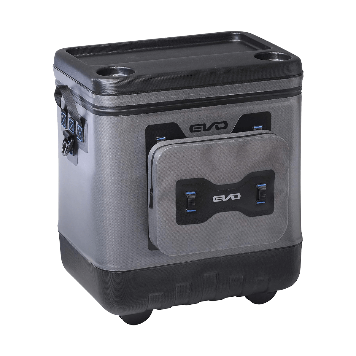 Gray cooler box with 'EVO' branding on a white background
