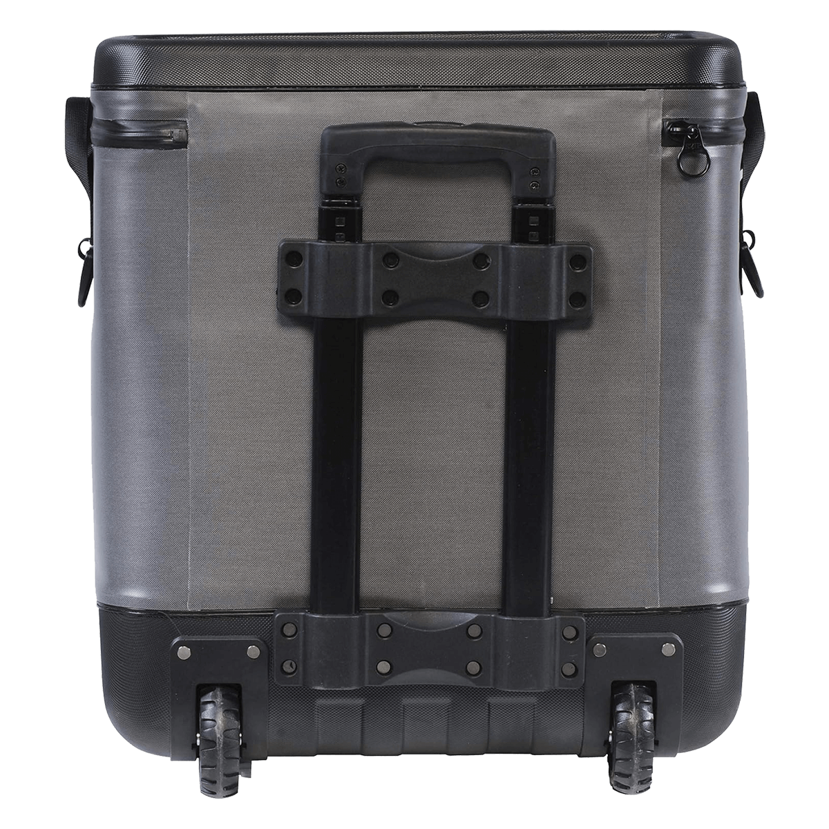 EVO rolling cooler with a gray body, black lid, built-in cup holders, side handles, and telescopic handle for easy transport.