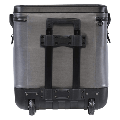 EVO rolling cooler with a gray body, black lid, built-in cup holders, side handles, and telescopic handle for easy transport.