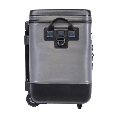 EVO rolling cooler with a gray body, black lid, built-in cup holders, side handles, and telescopic handle for easy transport.