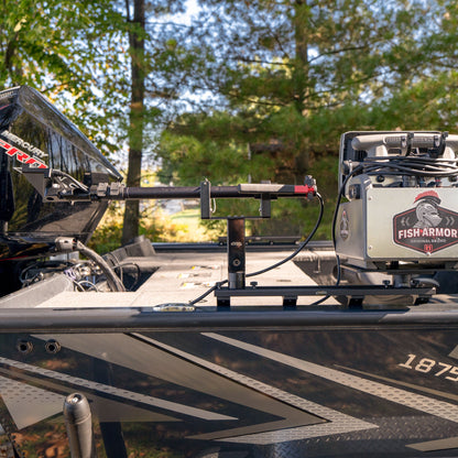 Fish Armor Pro Pole Boat Mount Arm by Traxstech® attached to a boat holding the ducer