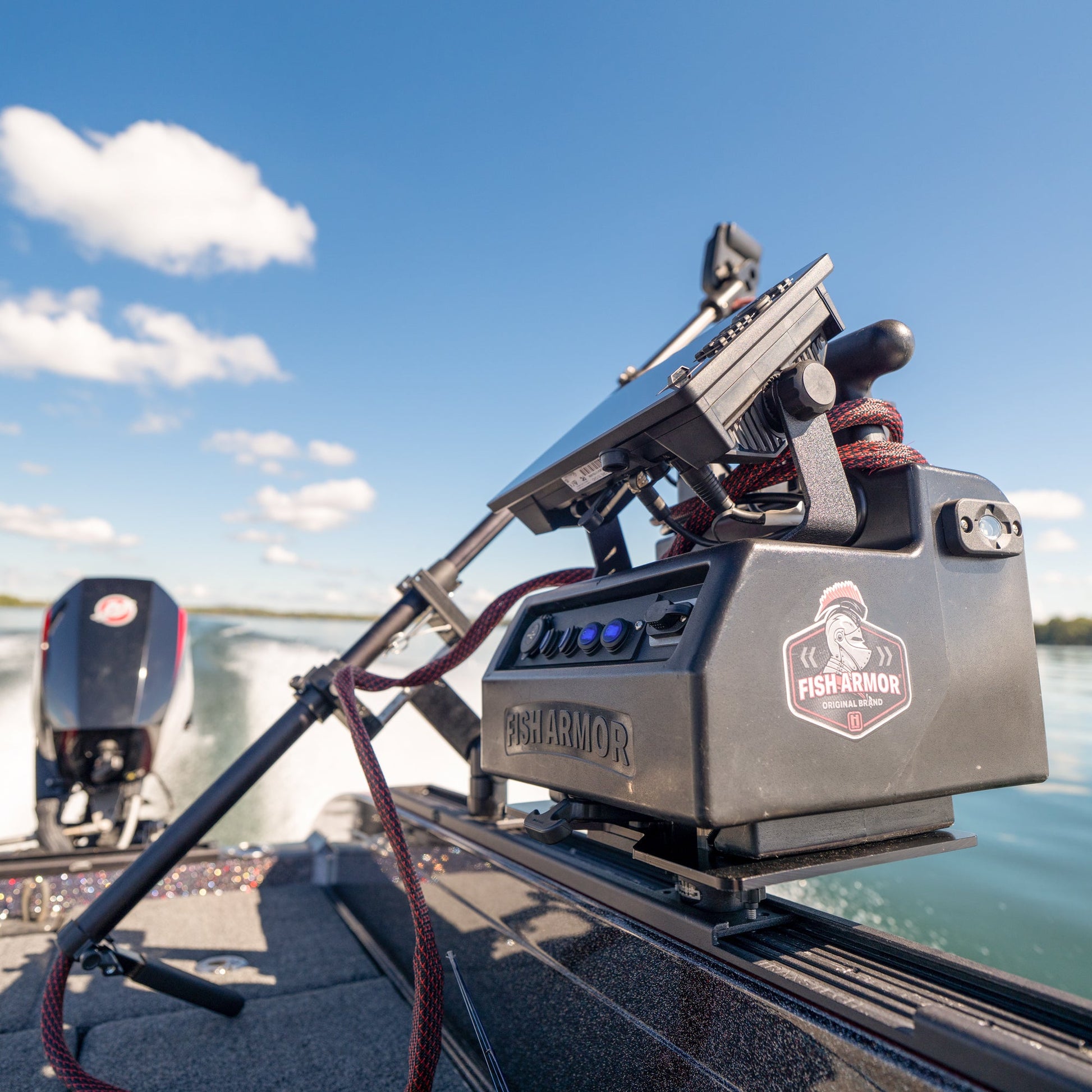 Fish Armor Pro Lite Pole Holder Docking Plate showing it mounted on a rail on a boat