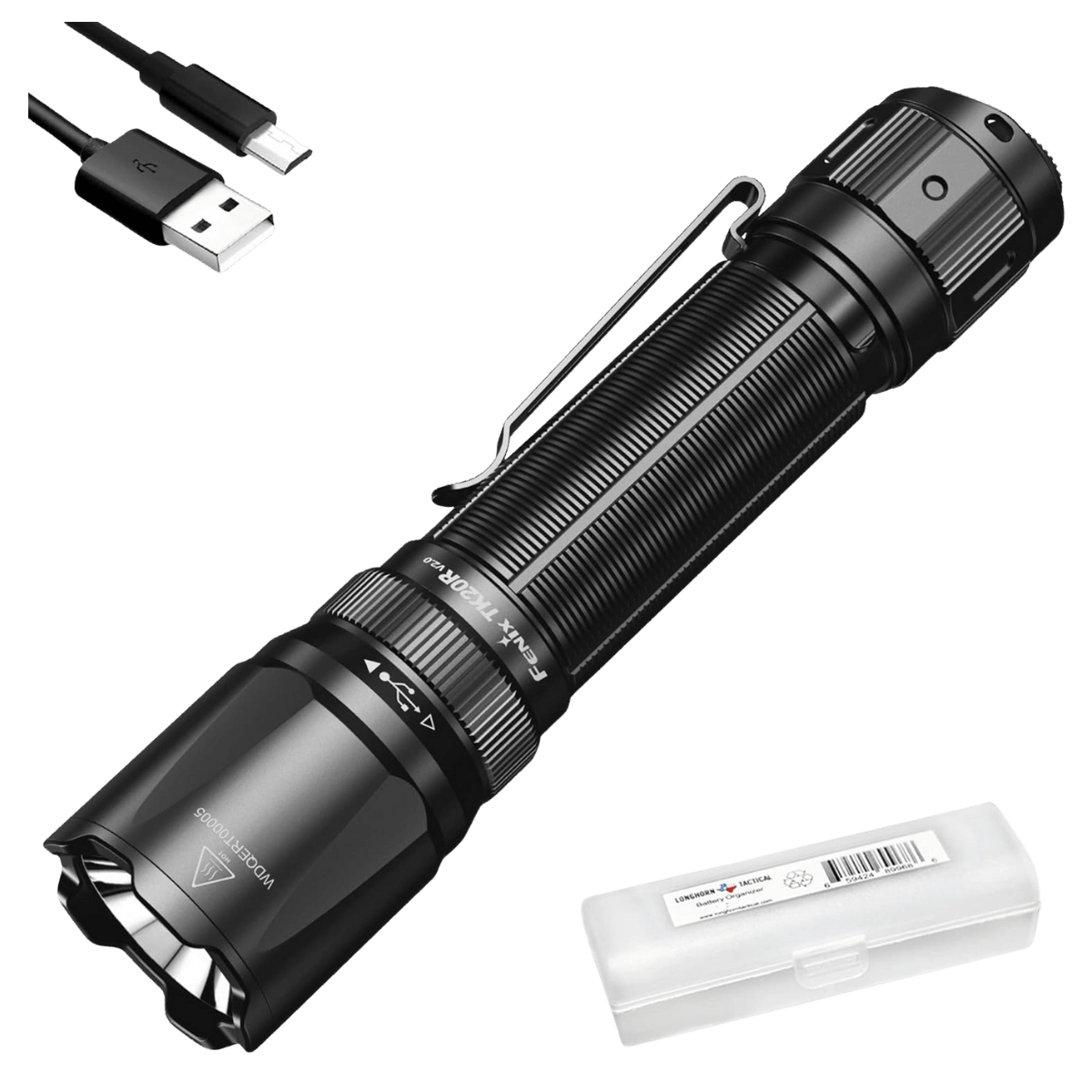FENIX TK20R V2.0 RECHARGEABLE TACTICAL FLASHLIGHT - BLACK - FRONT FULL VIEW 
