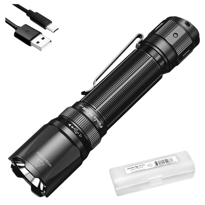FENIX TK20R V2.0 RECHARGEABLE TACTICAL FLASHLIGHT - BLACK - FRONT FULL VIEW 