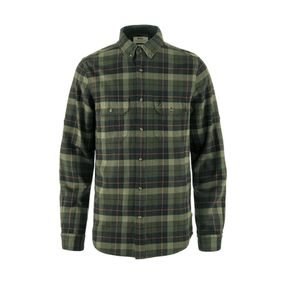 FJALLRAVEN MEN'S SINGI HEAVY FLANNEL SHIRT - BLACK/DEEP FOREST - FRONT VIEW