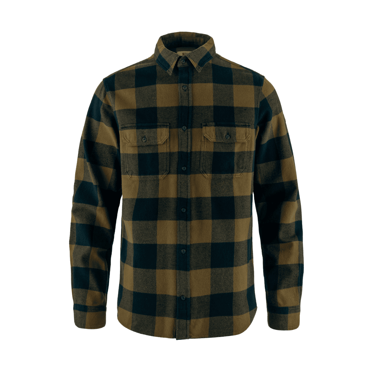FJALLRAVEN MEN'S ÖVIK HEAVY FLANNEL SHIRT - WOOD BROWN/DARK NAVY - FRONT VIEW