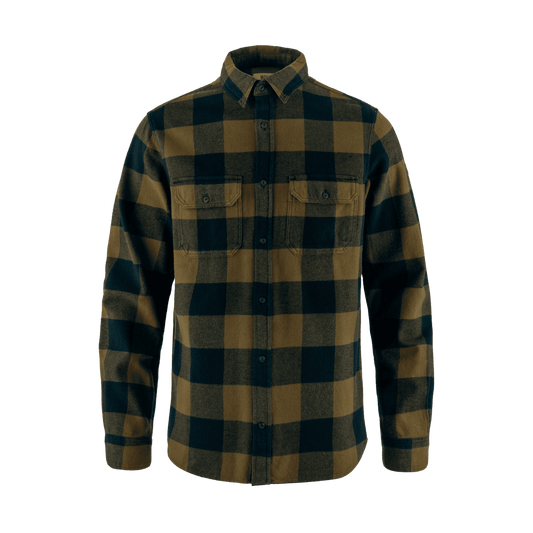 FJALLRAVEN MEN'S ÖVIK HEAVY FLANNEL SHIRT - WOOD BROWN/DARK NAVY - FRONT VIEW