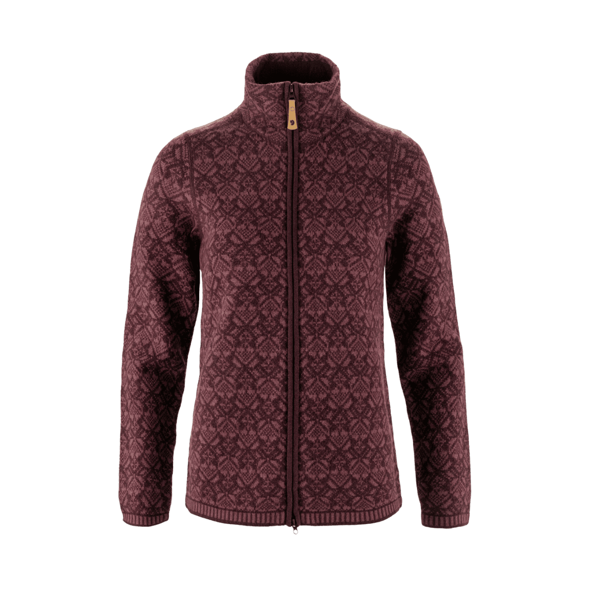 FJALLRAVEN WOMEN'S SNOW CARDIGAN - PORT - FRONT VIEW