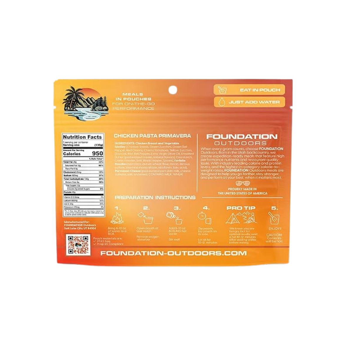FOUNDATION OUTDOORS CHICKEN PASTA PRIMAVERA MEAL INGREDIENTS