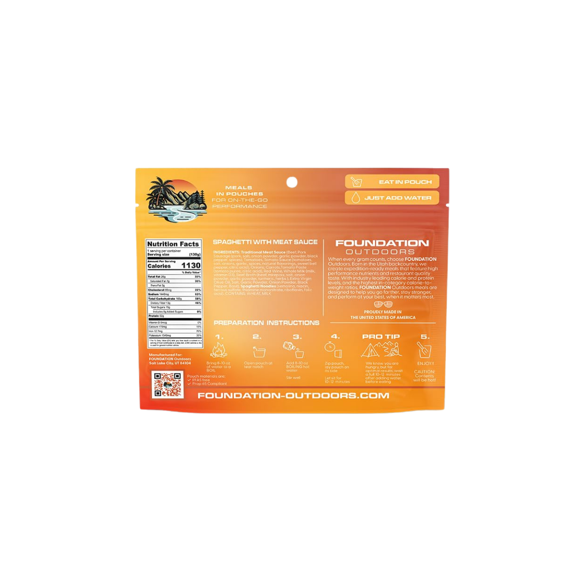 FOUNDATION OUTDOORS SPAGHETTI W/ MEAT SAUCE MEAL INGREDIENTS