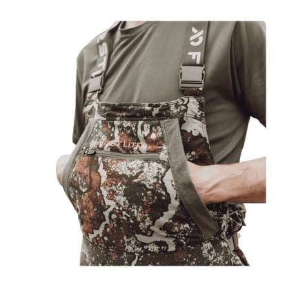 FIRST LITE CORE INSULATED BIB PANT - SPECTER - CLOSER FRONT VIEW (IN USE)