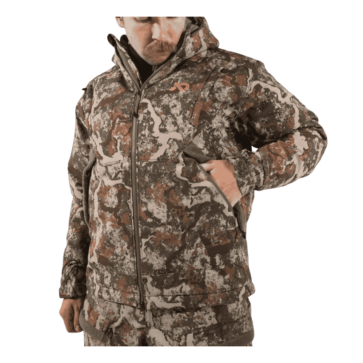 FIRST LITE MEN'S THERMIC INSULATED JACKET - SPECTER - CLOSER FRONT VIEW (IN USE)
