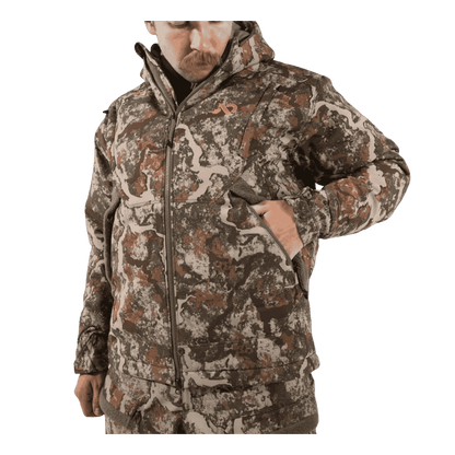 FIRST LITE MEN'S THERMIC INSULATED JACKET - SPECTER - CLOSER FRONT VIEW (IN USE)