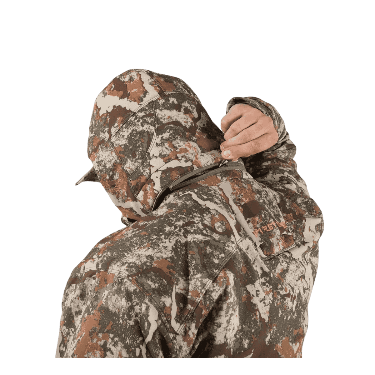 FIRST LITE MEN'S THERMIC INSULATED JACKET - SPECTER - CLOSER BACK VIEW (IN USE)