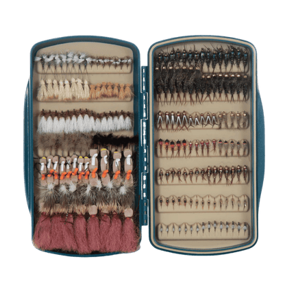 FISH POND TACKY PESCADOR FLY BOX BAJA BLUE MEDIUM FRONT VIEW INSIDE BOX