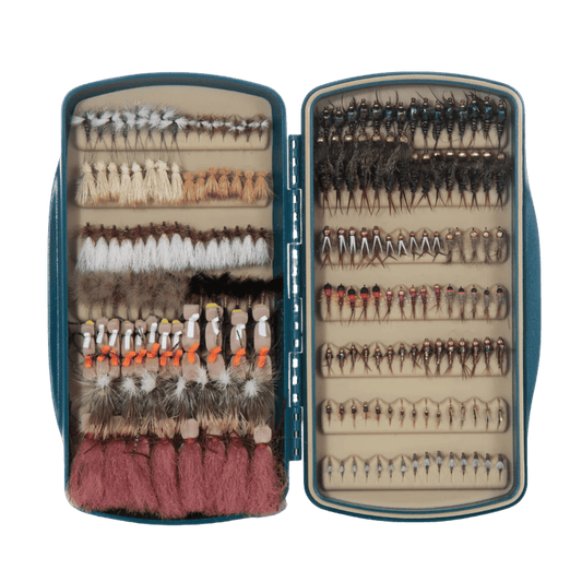 FISH POND TACKY PESCADOR FLY BOX BAJA BLUE MEDIUM FRONT VIEW INSIDE BOX