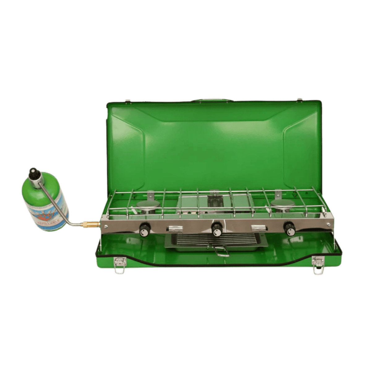 FLAME KING CAMPING STOVE WITH TOAST TRAY - OPEN/FRONT VIEW