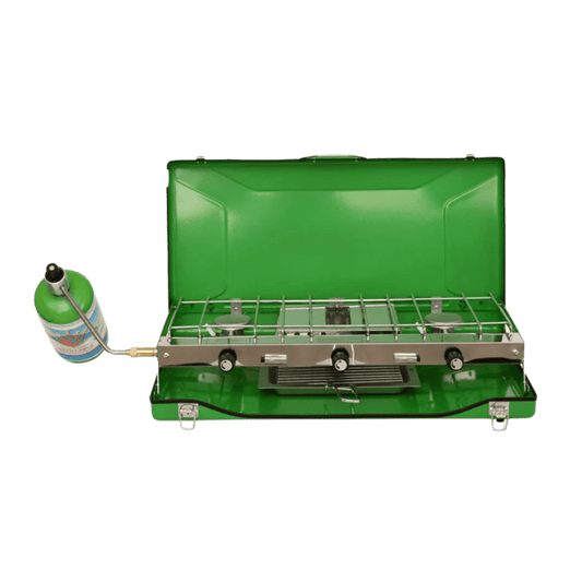 FLAME KING CAMPING STOVE WITH TOAST TRAY - OPEN/FRONT VIEW