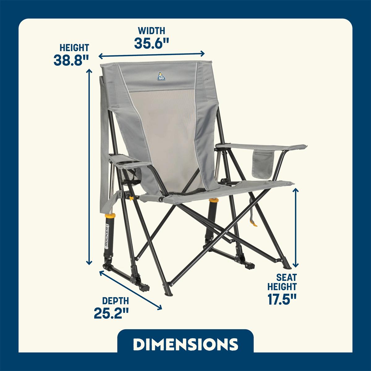 GCI Outdoor Comfort Pro Rocker folding chair shown in gray with labeled dimensions: height 38.8 inches, width 35.6 inches, depth 25.2 inches, and seat height 17.5 inches. Text at the bottom reads "Dimensions" in bold.