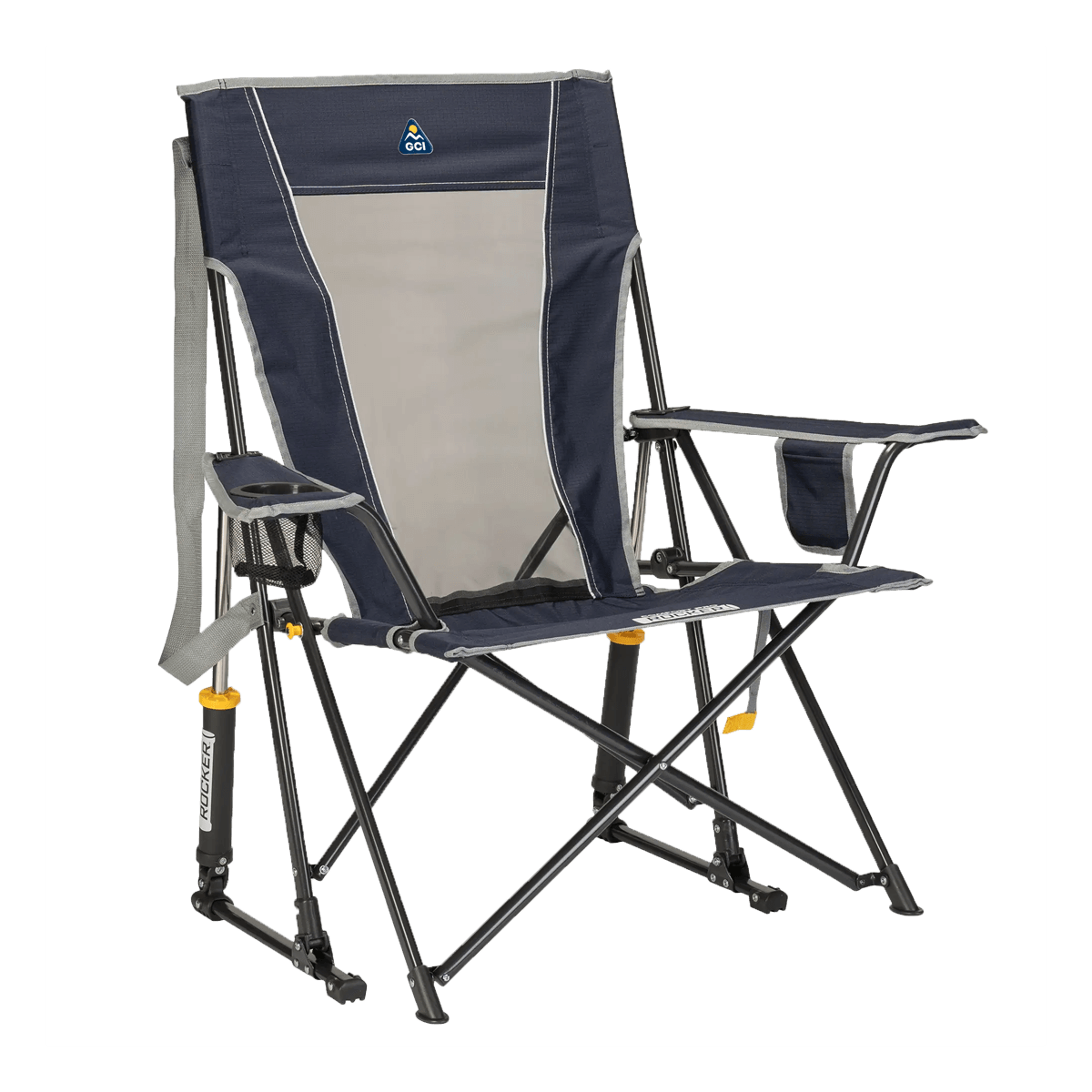 GCI Outdoor Comfort Pro Rocker folding camp chair in indigo, featuring a mesh back panel, padded armrests, a drink holder, and shock-absorbing rocker legs designed for outdoor use.