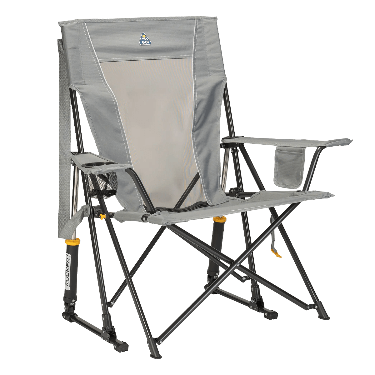 GCI Outdoor Comfort Pro Rocker folding camp chair in mercury gray, featuring a mesh back panel, padded armrests, a drink holder, and shock-absorbing rocker legs designed for outdoor use.