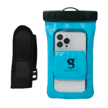 GECKOBRANDS FLOAT PHONE DRY BAG WITH ARM BAND - NEON BLUE - BAG AND BAND