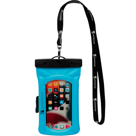 GECKOBRANDS FLOAT PHONE DRY BAG WITH ARM BAND - NEON BLUE_FRONT VIEW