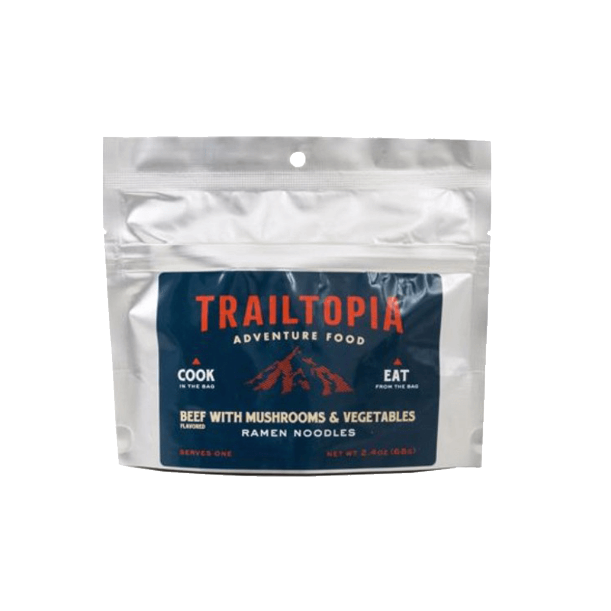 Trailtopia Adventure Food pouch featuring Beef with Mushrooms & Vegetables Ramen Noodles. The package shows instructions to cook and eat directly from the bag, designed for convenient outdoor meal preparation.