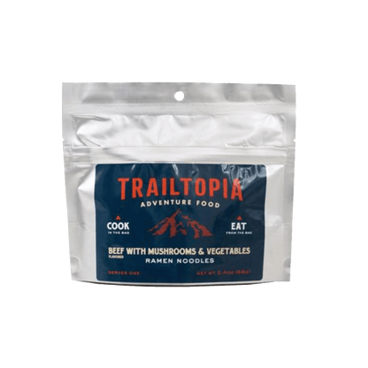 Trailtopia Adventure Food pouch featuring Beef with Mushrooms & Vegetables Ramen Noodles. The package shows instructions to cook and eat directly from the bag, designed for convenient outdoor meal preparation.