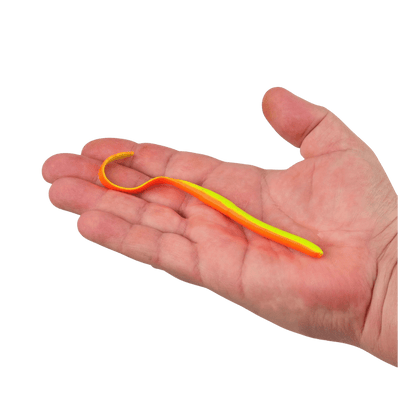 BERKLEY GULP! SR CRAWLER 12PK – SCENTED SOFT PLASTIC WORM - CHARTREUSE ORANGE - 7 IN - PRODUCT IN HAND
