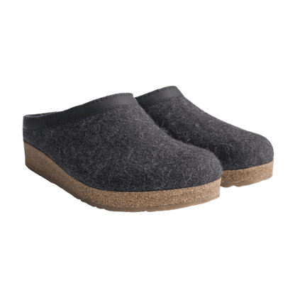 HAFLINGER MEN'S GZL LEATHER TRIMMED WOOL CLOGS - CHARCOAL - FRONT VIEW