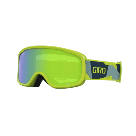 Green ski goggles with 'Giro' branding on a black background