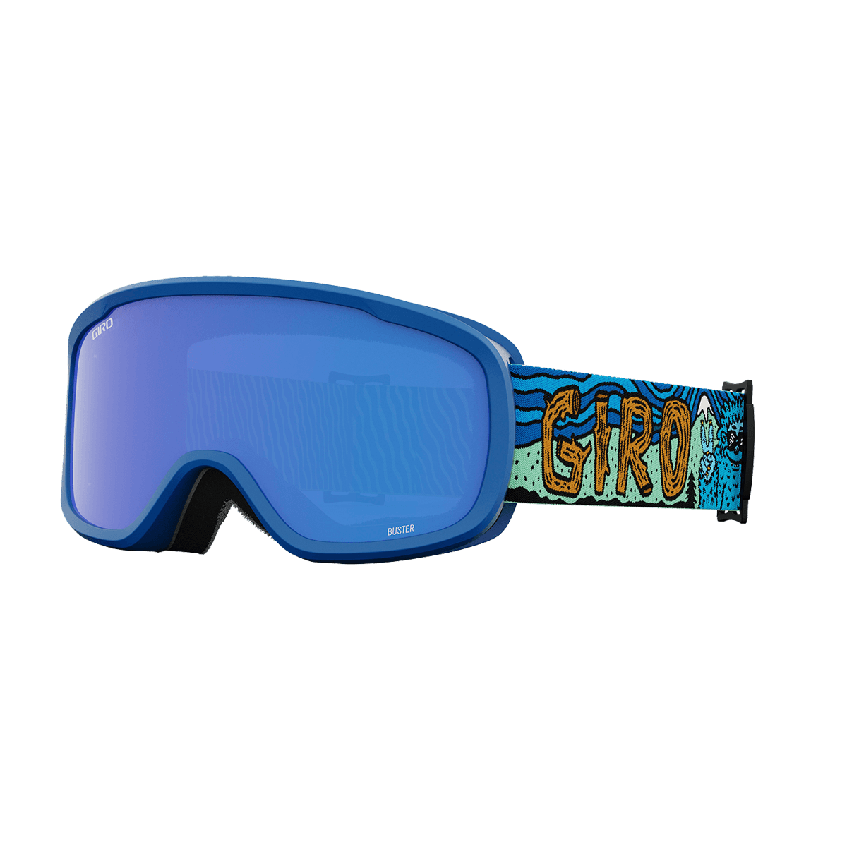 Blue ski goggles with a colorful 'Giro' strap on a black background