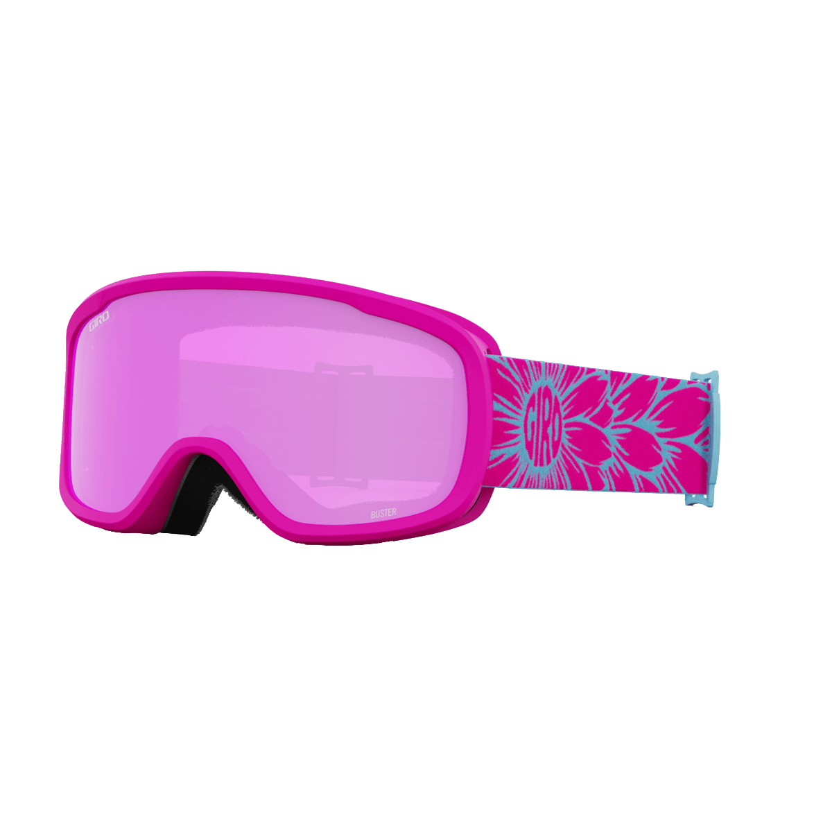 Pink goggles with a floral strap on a white background