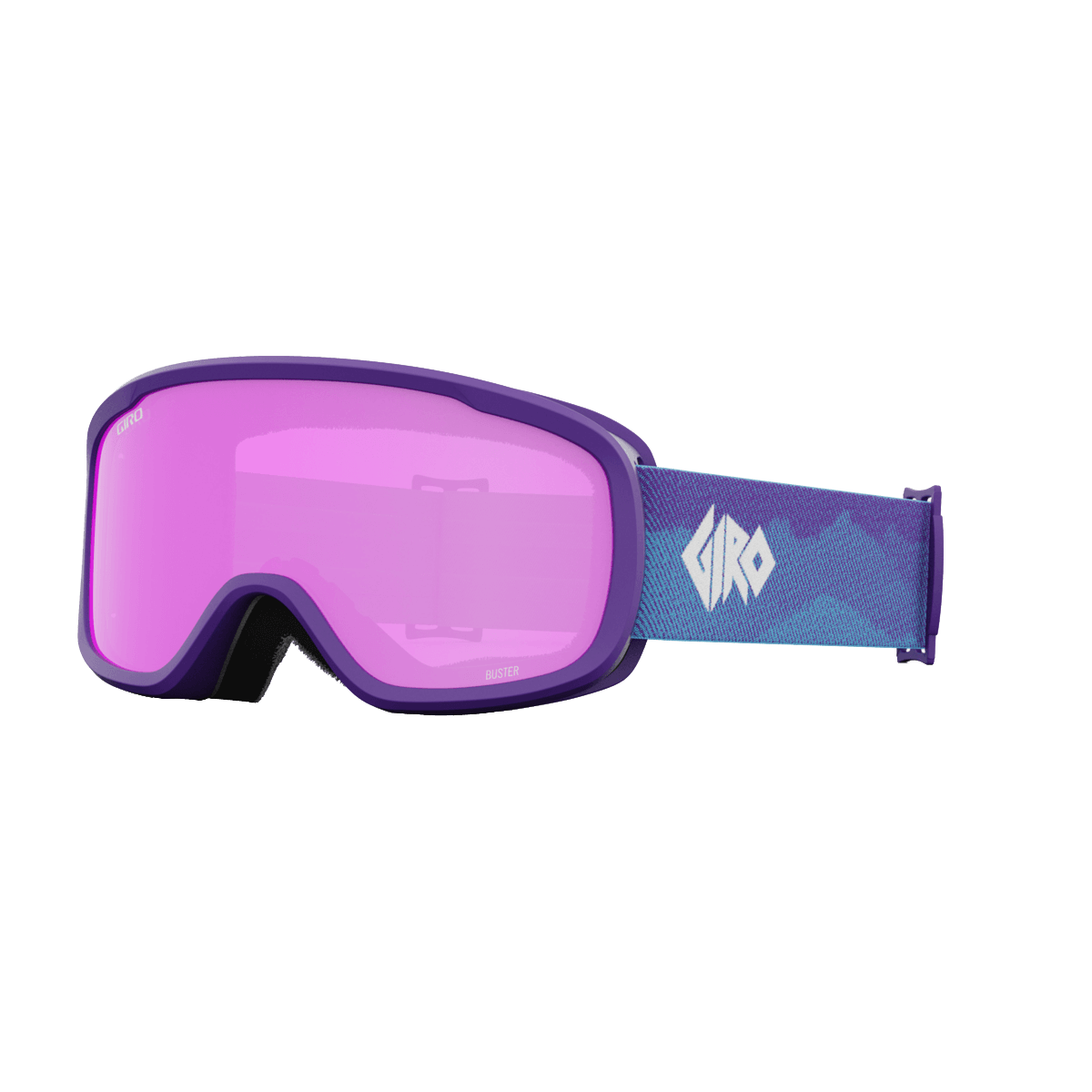 Purple goggles with a blue strap on a black background