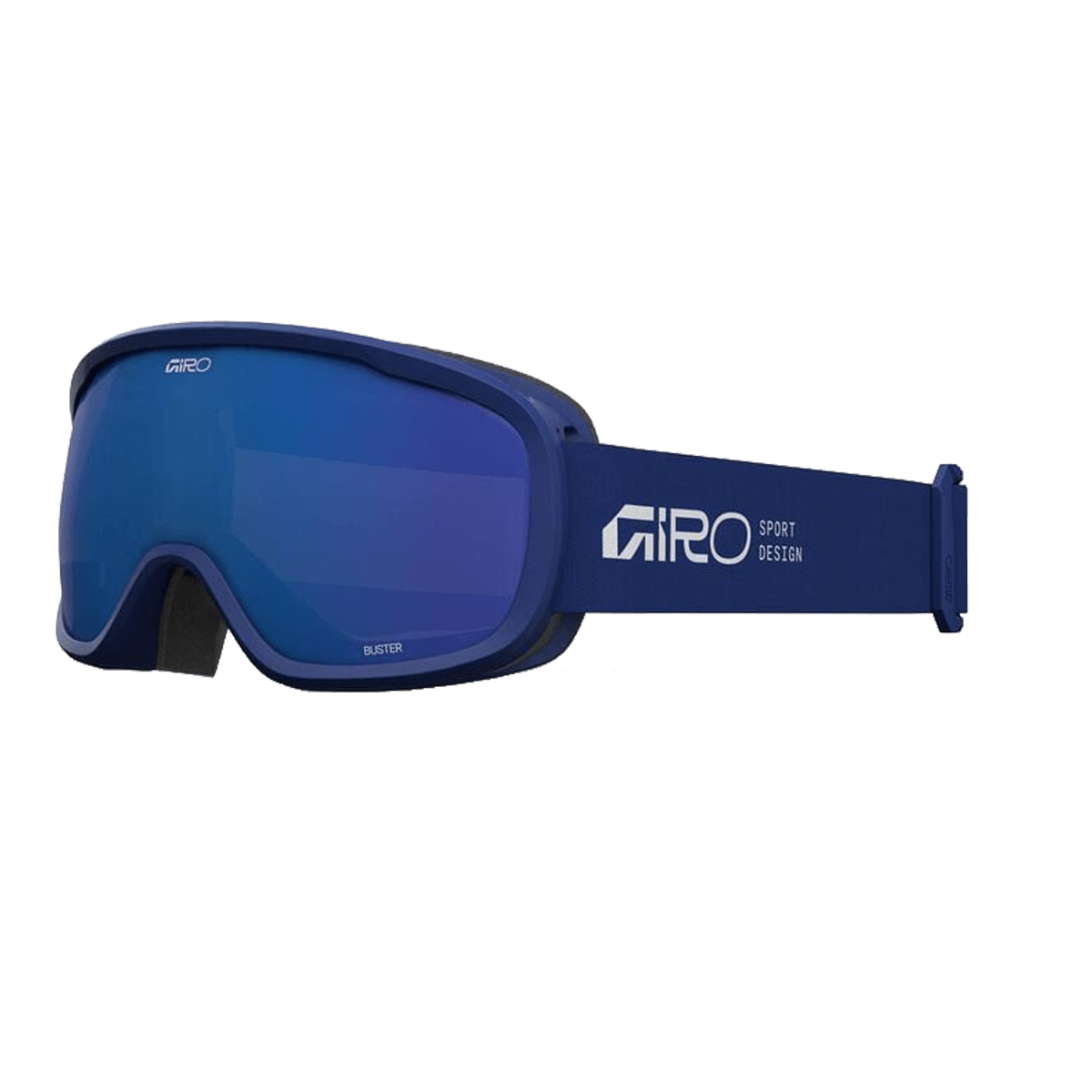 Blue goggles with a brand logo on a white background