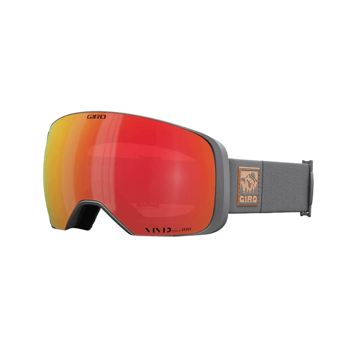 Ski goggles with red lens and gray frame on a black background