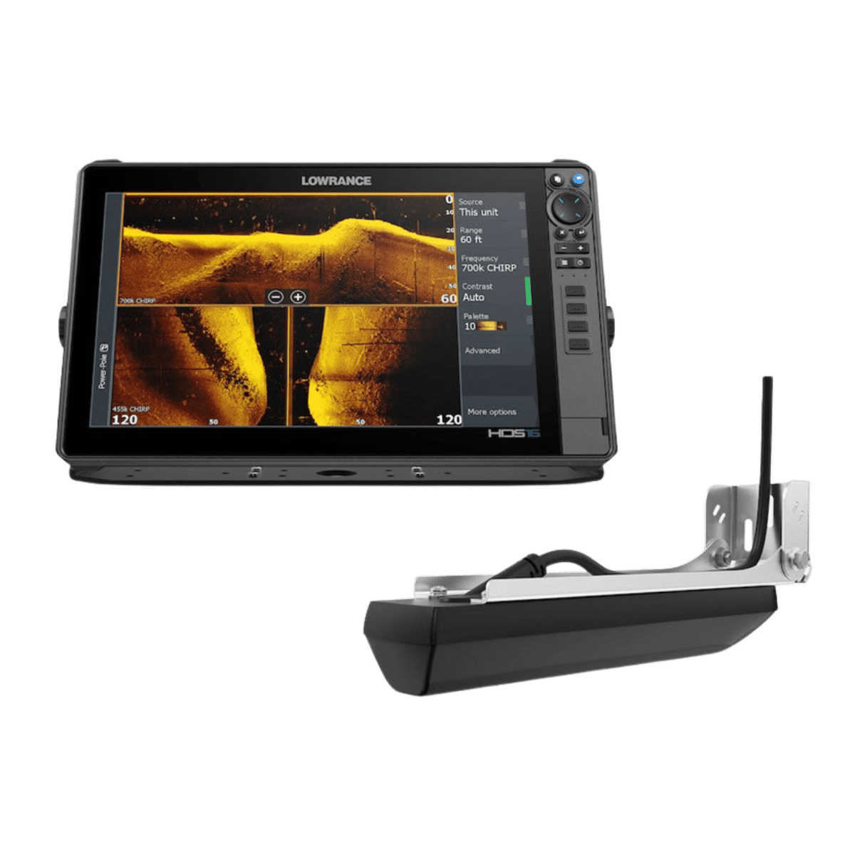 LOWRANCE HDS PRO 16 US/CAN MULTIFUNCTION DISPLAY WITH C-MAP DISCOVER_FRONT VIEW WITH TRANSDUCER