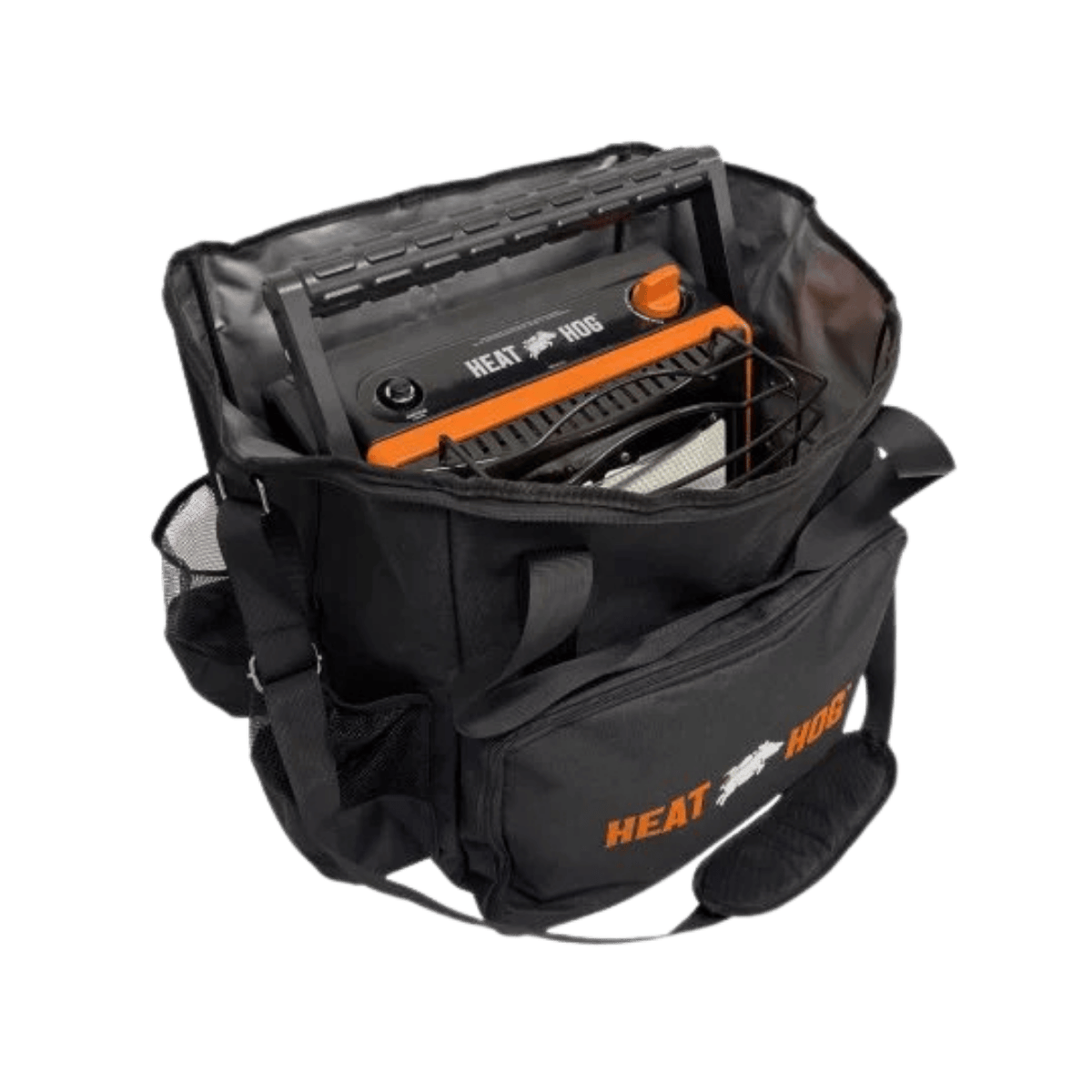 HEAT HOG 18K TRAVEL BAG WITH STRAP - BLACK - LEFT SIDE VIEW OPEN