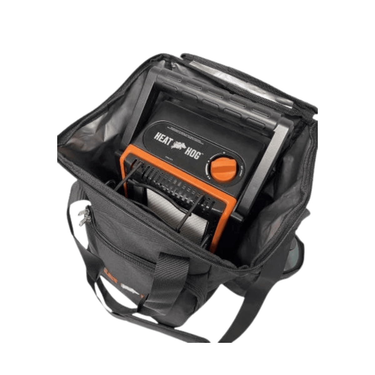HEAT HOG 04K AND 09K TRAVEL BAG WITH STRAP - BLACK - TOP VIEW OPEN W/ ITEM INSIDE