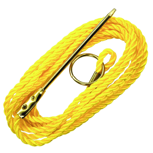 Bright yellow heavy-duty poly stringer with a metal needle and brass ring, commonly used for securing and stringing fish.