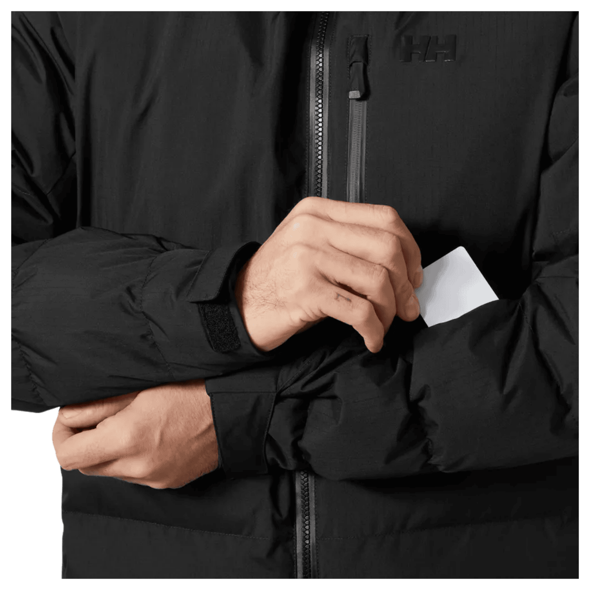 HELLY HANSEN KVITFJELL RACE MENS PUFFY SKI JACKET - BLACK - ARM POCKET